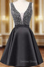 A Line Black V Neck Backless Satin Beading Sequins Homecoming Dresses