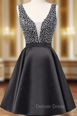 A-Line Black V-neck Backless Satin Beading Sequins Homecoming Dresses