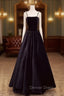 A Line Black Velvet Floor Length Prom Dress, Pearls Spaghetti Straps Long Prom Dresses