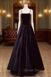 A-Line Black Velvet Floor-Length Prom Dresses, Pearls Spaghetti Straps Long Party Dresses
