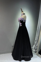 A-Line Black Velvet Long Party Dresses With Lace Applique, Black Velvet Prom Dresses