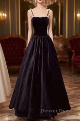 A Line Black Velvet Long Prom Dresses Beaded Birthday Party Dresses