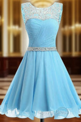 A-line Blue Chiffon Scoop Neck Backless Beading Crystal Homecoming Dresses