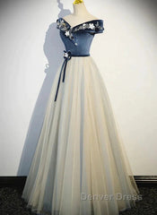 A-Line Blue-Grey Sequins Off Shoulder Long Party Dresses Velevet Long Prom Dresses