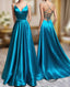 A Line Blue Satin Long Prom Dress, Blue Prom Dresses