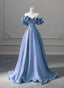 A Line Blue Satin Off Shoulder Long Prom Dress, Long Prom Dress