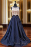 A-Line Blue Satin Two Piece Beading Bodice Evening Dresses