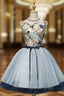 A Line Blue Tulle Appliques Backless Homecoming Dresses