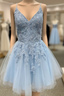 A Line Blue Tulle Appliuqes Spaghetti Straps Beading Homecoming Dresses