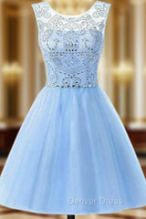 A-Line Blue Tulle Beading Backless Homecoming Dresses