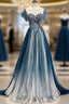 A Line Blue Tulle Beading Backless Prom Dresses