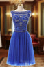 A Line Blue Tulle Crystal Beading Backless Homecoming Dresses