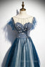 A-line Blue Tulle Long Beaded Prom Dresses, A-Line Formal Evening Dresses