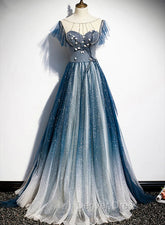 A-line Blue Tulle Long Beaded Prom Dresses, A-Line Formal Evening Dresses