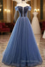 A Line Blue Tulle Off the Shoulder Beading Prom Dresses