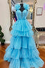 A Line Blue Tulle Pleats Prom Dresses