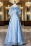 A-Line Blue Tulle Sequins Bat Sleeve Prom Dresses