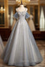 A Line Blue Tulle Sequins Spaghetti Straps Prom Dresses