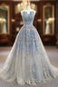 A Line Blue Tulle Strapless Neck Floor Length Wedding Dresses