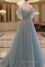 A Line Blue with Lace Applique Prom Dress, Long Blue Prom Dress