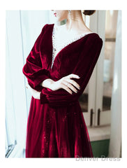 A-Line Bridesmaid Dress Jewel Neck Long Sleeve Elegant Floor Length Tulle / Velvet With Sequin / Bandage