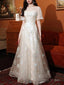 A Line Bridesmaid Dresses Jewel Neck Short Sleeve Elegant Floor Length Lace Tulle With Appliques