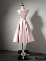 A-Line Bridesmaid Dress Off Shoulder Sleeveless Elegant Tea Length Satin With Bow(S) / Pleats