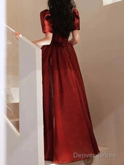 A-Line Bridesmaid Dress Square Neck Short Sleeve Elegant Floor Length Satin With Pleats