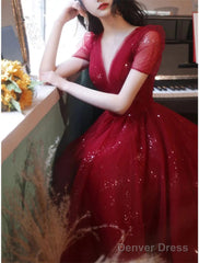 A-Line Bridesmaid Dress V Neck Short Sleeve Elegant Ankle Length Tulle With Sequin