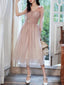 A Line Bridesmaid Dresses V Neck Sleeveless Elegant Tea Length Tulle With Bow(S) Sequin