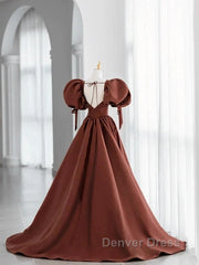 A-Line Brown Satin Ball Gown Short Sleeves Long Party Dresses V-Neckline Prom Dresses