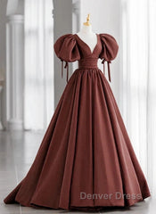 A-Line Brown Satin Ball Gown Short Sleeves Long Party Dresses V-Neckline Prom Dresses
