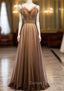 A Line Brown Tulle Spagehtti Straps Beading Sequins Prom Dresses