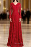 A Line Burgundy Lace V Neck Long Sleeve Prom Dresses