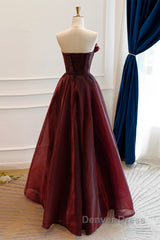 A-Line Burgundy Organza Burgundy Long Prom Dresses, Burgundy Long Evening Dresses