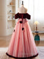 A-Line Burgundy/Pink Tulle Velvet Long Prom Dresses, Burgundy Formal Dresses