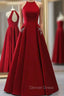 A Line Burgundy Satin Halter Open Back Prom Dresses With Pocket