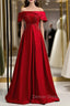 A-Line Burgundy Satin Off the Shoulder Beading Prom Dresses