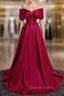 A-Line Burgundy Satin Off the Shoulder Pearls Prom Dresses