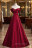 A Line Burgundy Satin Off the Shoulder Pleats Prom Dresses