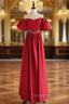 A Line Burgundy Satin Puff Sleeves Long Prom Dress, Burgundy Prom Dresses