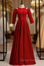 A Line Burgundy Satin Short Sleeve Prom Dresses With Pearls