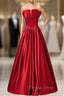 A Line Burgundy Satin Strapless Pleats Long Prom Dresses