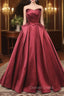 A Line Burgundy Satin Strapless Pleats Prom Dresses