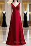 A-Line Burgundy Satin V-neck Beading Prom Dresses
