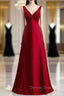 A Line Burgundy Satin V Neck Beading Prom Dresses