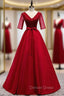 A Line Burgundy Satin V Neck Short Sleeve Sequins Prom Dresses