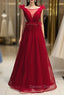 A Line Burgundy Tulle Bateau Pleats Prom Dresses With Feather