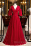 A Line Burgundy Tulle Deep V Neck Prom Dresses