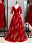 A Line Burgundy Tulle Gold Sequins V Neck Short Sleeve Prom Dresses